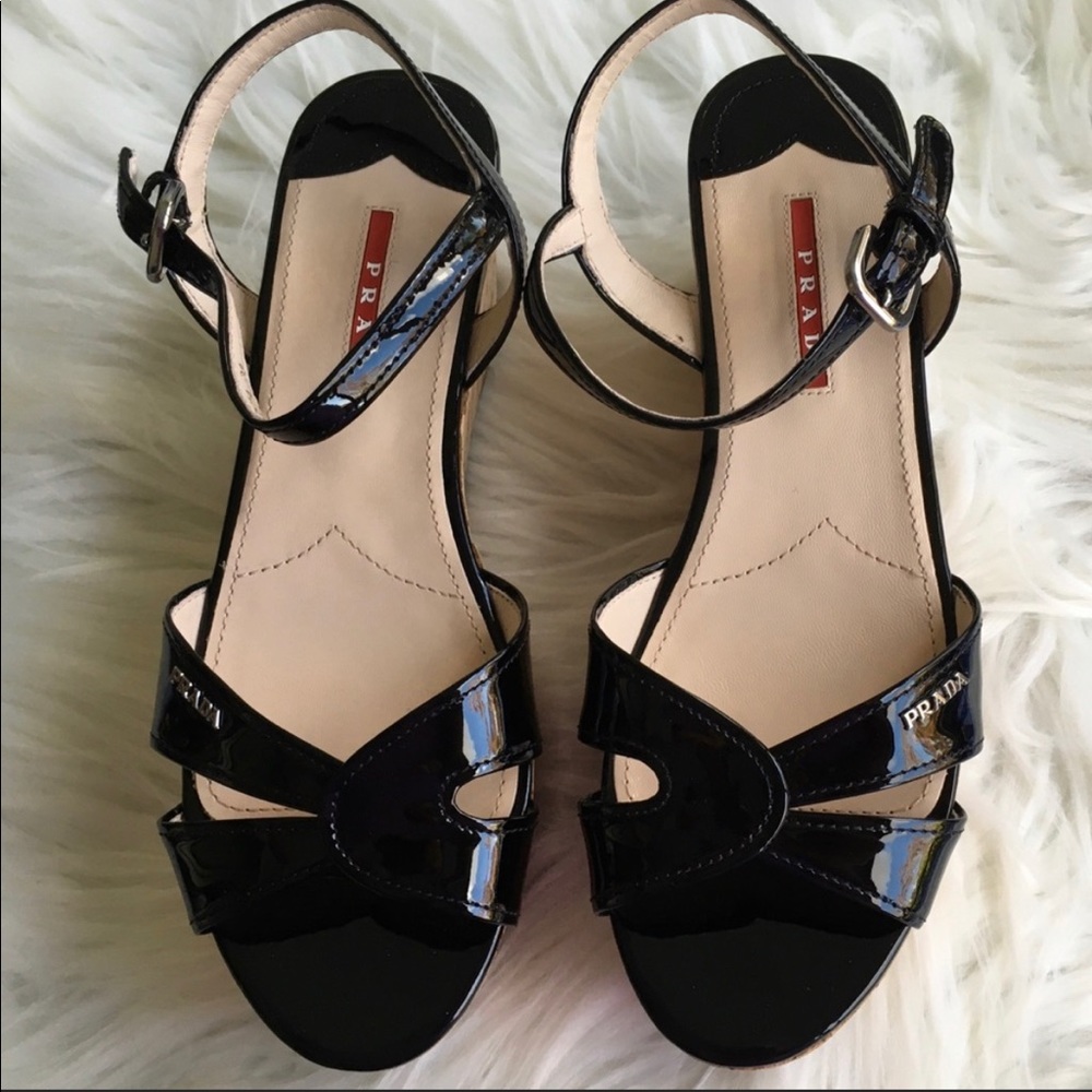 Prada Donna Black Patent Wedge Sandals, Size 8 - image 1